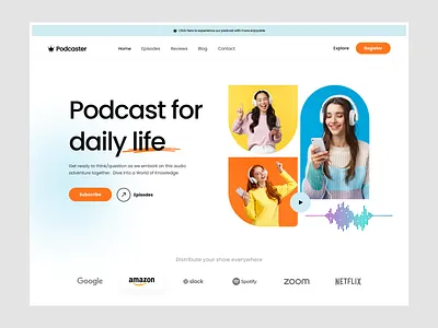 Podcaster- Web Header Design episodes hero design hero ui design minimal mockup podcast podcast landing page podcast website podcaster web header ui ui design ux design web design web header