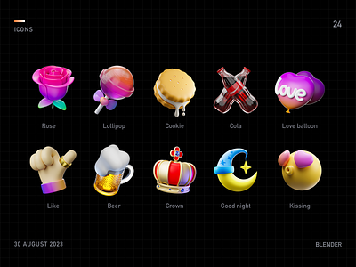 3d icons 3d icons beer cola cookie crown good night kissing like lollipop love balloon rose