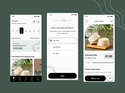 Heri - personalized hair care plans inside a mobile app ❤️ app beauty beautyapp branding cosmeticsapp design green greenapp haircare haircareapp productdesign ui ui ux uidesign ux ux design