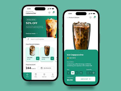 Coffee Shop Mobile Application UI Concept green tab bar