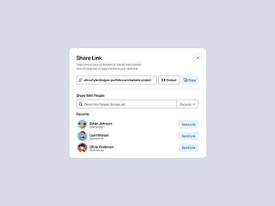 Share Link - Modal app clean components design design system figma icon iconography landing page link mail minimalist modal platform send send message share ui ui design ui kit