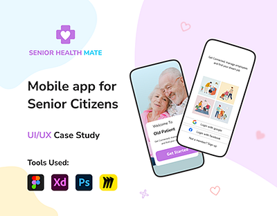 Senior Citizen and Patients Mobile App brand identity design figma homepage landing page mobile app design old people app patient app prototyping ui ui design uiux wireframing