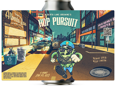 Hop Pursuit Case Study 2d beer bottle brewery brewing can character city cop digital painting funny hop illustration label lettering logo logotype package packaging police