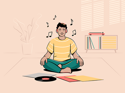 Music meditation. Character illustration boy cartoon character comic design illustration man meditation music vinyl
