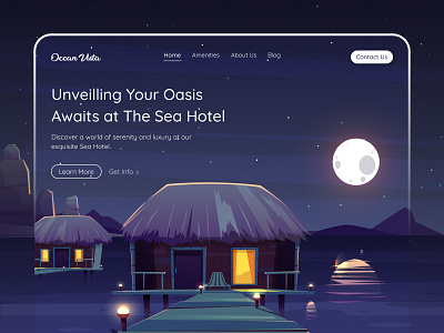 Sea Hotel Landing Page Design | Ocean Vista booking coffe shop websites coffee prototype dark ui design hotel illustration landingpage sea seahotel ui ui kit uiux webdesign