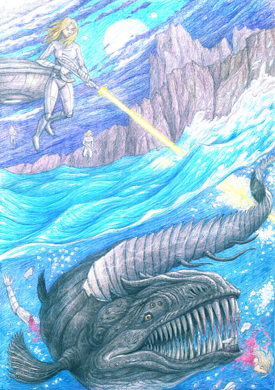 Jaws 2d art alien planet aliens colored pencils drawing graphic graphic novel handmade illustration monster pencil drawing science fiction sea