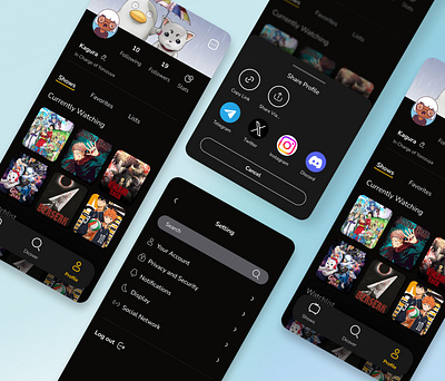 AnimeLink anime app dailyui setting social share ui ui design user profile ux ux design