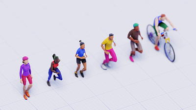The Exercisers 3d animation athletes bicycle character design crowds cyclist jogging lowpoly mocap motion graphics people render running sports training
