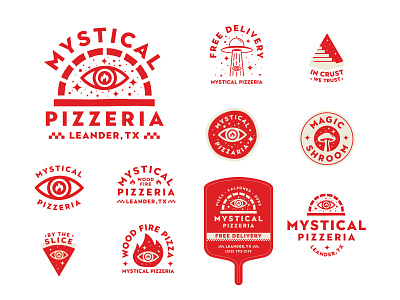 Mystical Pizzeria all knowing badges branding eye identity illustration logo mushroom mystical packaging pizza print red slice stars steps typography universe wood fired