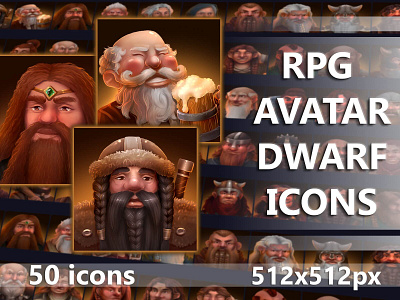 RPG Avatar Dwarf Icons 2d art asset assets avatar dwarf fantasy game game assets gamedev gnome icon icons illustration indie indie game medieval png psd rpg