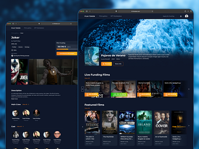 NFT marketplace UX/UI design black blue coin crypto design designagency figma filmtoken homepage movie nft nftmarketplace orange token trends ui ux web3