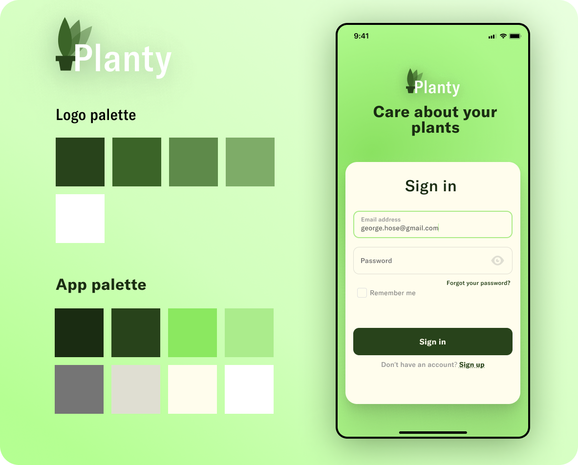 Sign in page for plants app app border radius branding design gradient green shadows gt america ios logo mobile palette phone shadows ui