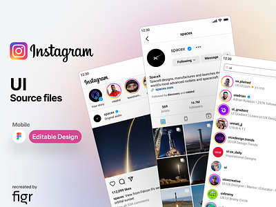 Instagram Mobile UI (Recreated) android chat editable feed figma followers influencers instagram ios kit likes mobile ui photosharing pics reels share social media stories ui ux videos