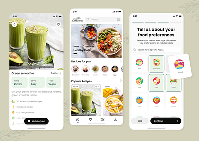 Cooking Recipe - Mobile App Design Proposal app avocado branding card cookbook cooking design food green healthyfood layout logo mobile mobile app recipes smoothie ui ux yellow