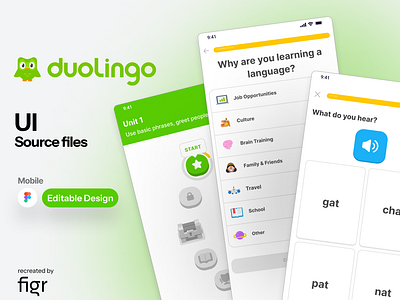 Duolingo Mobile UI (Recreated) chat courses dictionary edtech education elearning figma gamification goals ios kit language leaderboard learning mobile app quiz ranking translate ui ux voice
