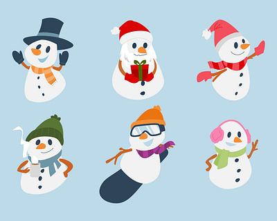 Set of Snowmans cartoon character christmas coffee cold drink flat fun gift graphic design happy hat illustration scarf snowboard snowman sport vector winter