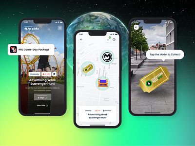 Advertising Week App app design augmented reality branding design entertainment app gamification giveaway app graphic design ios app map app scavenger hunt social media ui vector