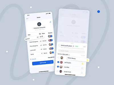Split the Bill - Mobile App bill branding button choose coffee design filter illustration interface logo mobile mobile app popular restaurant search sort by split bill split the bill ui ux