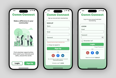 Comm Connect Sign Up/Login app communityservice dailyui design helppeople login signup typography ui uichallenge ux volunteer