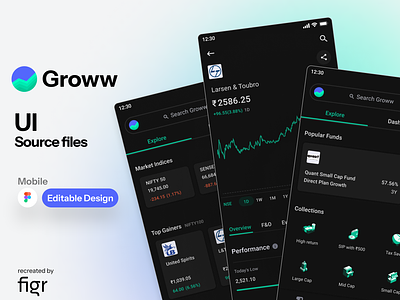 Groww Mobile UI (Recreated) bank bitcoin charts cryptocurrency dark mode figma finance fintech investments investor kit mobile app money mutual funds portfolio savings stocks trading ui ux wallet