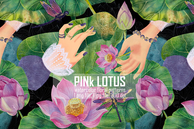 Watercolor Pink lotus flowers. branding design illustration pattern watercolor