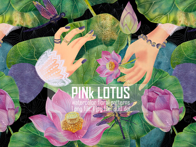 Watercolor Pink lotus flowers. branding design illustration pattern watercolor