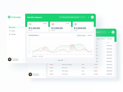 Financeapp - Dashboard charts clean darkmode dashboard entradasesaídas experiênciadousuário finance green gráficos money sidebar ui