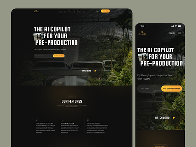 AI Tool for Writers and Producers - Landing Page 2023 ai ai tool artificial intelligent assistant black and yellow black website clean dark theme dark website gaming inspiration landing page platform producers production saas trends web app writers
