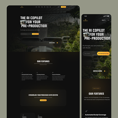 AI Tool for Writers and Producers - Landing Page 2023 ai ai tool artificial intelligent assistant black and yellow black website clean dark theme dark website gaming inspiration landing page platform producers production saas trends web app writers