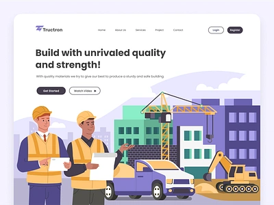 Building Construction Homepage Illustration architech architecture builder building company profile construction excavator graphic design hero home house illustration landing ui vector vehicle website work