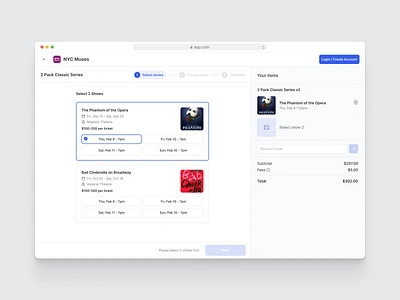 Subscription Flow app dashboard performing arts saas shows stepper susbcription tickets ui ux
