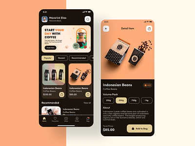Coffee Shop Mobile App app beans clean cofe coffee beans coffee cup coffee shop dark design ecommerce home page minimal mobile app order product shop store trendy mobile app ui