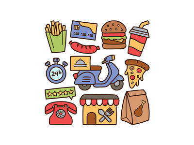 Food Delivery Doodle Set burger cute doodle fooddelivery french fries illustration pizza softdrink vector