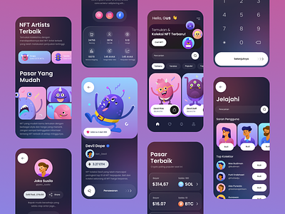 NFT App Design Exploration app blockchain color crypto cryptocurrency cute design gradient illustration illustrations marketplace mobile app monsters nft ui ux