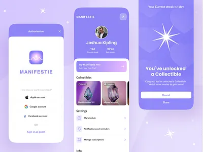 Manifestie - Mobile app to Unleash the Power Within account app award cards design ios login manifest meditation mobile settings splash statistic ui ux