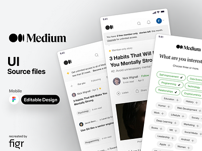 Medium Mobile UI (Recreated) android app blog blogging create design figma illustration ios kit medium mobile app news post reading ui ui ux writing