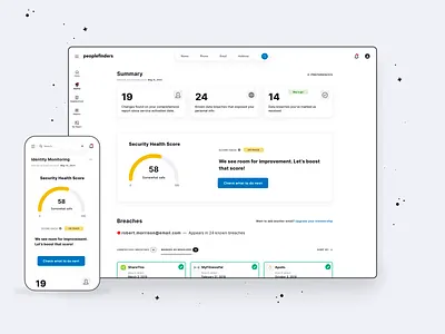 PeopleFinders — Identity Monitoring II alerts cards dashboard data breaches data visualization design exploration gamified gauge chart identity monitoring insights minimalist design mobile app product design responsive design security score side menu ui ux visual exploration web app