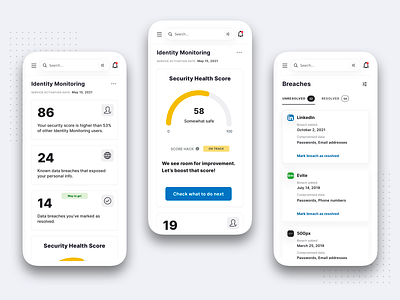 PeopleFinders — Identity Monitoring VI cards charts dashboard data breaches data visualization design exploration identity monitoring identity theft insights interaction design metrics minimalist design mobile app online protection product design responsive design ui ux visual exploration