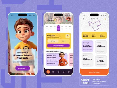 SportTrack App 3d animation app branding design homepage illustration interaction interface logo mobile playful run service sport tracker ui website workout