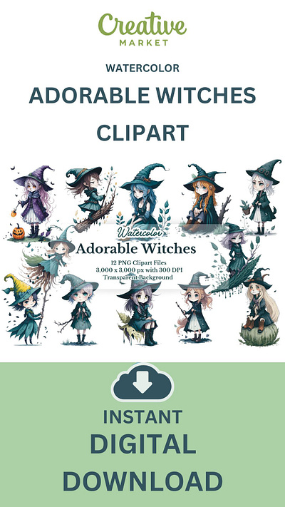 12PNG WATERCOLOR ADORABLE WITCHES autumn boo fall graphic design halloween imagination magic peakaboo spooky witch