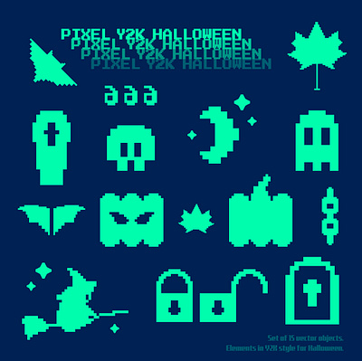 Pixel Y2K Halloween set. bat chains ghost halloween illustration leaf moon night pixel pumpkin skull stars witch y2k