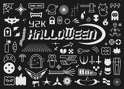 Big Y2K Halloween icons set. bat blood boo creepy digital fire full moon ghost halloween heart horor illustration knees moon pixel pumpkin skull stars y2k