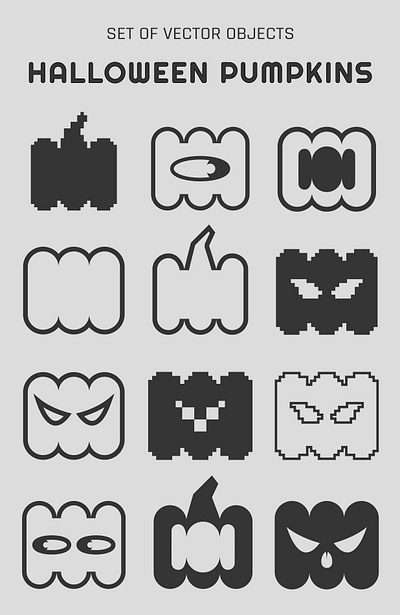 Set of Halloweens pumpkins. cartoon creepy eyes face halloween horor icons monochrome pixel pumpkin set shape y2k