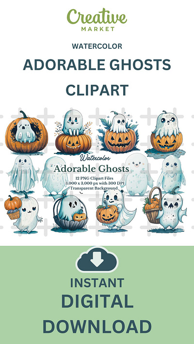 12 PNG WATERCOLOR ADORABLE SPOOKY HALLOWEEN GHOST GRAPHICS adorable ghost boo ghost clipart halloween halloween clipart halloween ghost peakaboo pumpkin scarry spooky