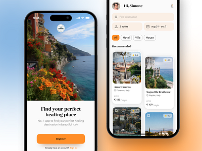 Accommodation booking app accommodation airbnb app app design application booking hotel ios ios 16 iphone 14 pro italy midjourney mobile relax sea stay tourism travel trip vacation