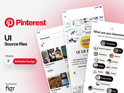Pinterest Mobile UI (Recreated) boards figma follow gifs ideas inspirations interest ios kit library looks mobile app pictures pin pinterest product design red sharing style ui ux