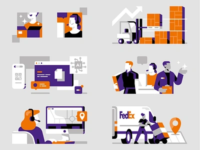 FedEx - Infographic about company's growth ai business character company computer deliver design employee fedex flat geometric growth illustration map packaging team truck van window