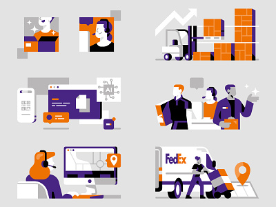 FedEx - Infographic about company's growth ai business character company computer deliver design employee fedex flat geometric growth illustration map packaging team truck van window
