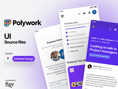 Polywork Mobile UI (Recreated) accomplishments aspirations chat connect corporate figma freelancing hire ideas job kit professional recruiter relations share sharing showcase social media ui ux work