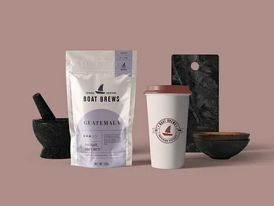 Boat Brews Coffee Powder & Coffee Cup Packaging Design beverage packaging brand identity fb branding coffee cup design coffee design coffee packaging coffee powder pouch design fb fb packaging graphic design logo design packaging packaging design pouch design purple package visual identity